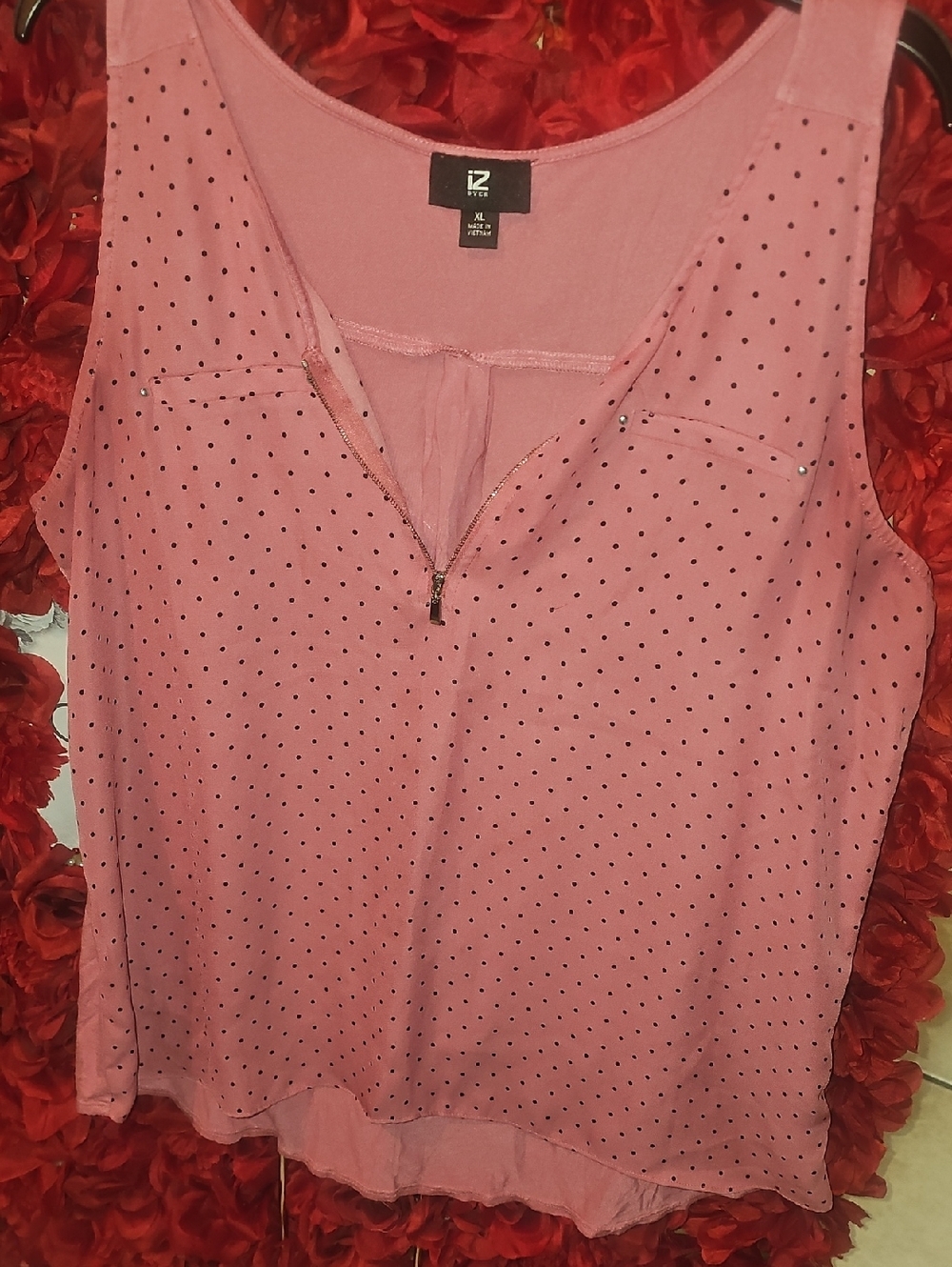 Iz Byer Women's Pink Sleeveless Zip-Front Tank with Black Polka Dots Size Xlarge